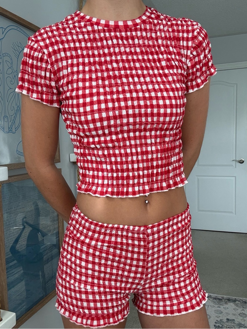 Ardene Red & White Gingham Smocked Crop Top and Shorts Set